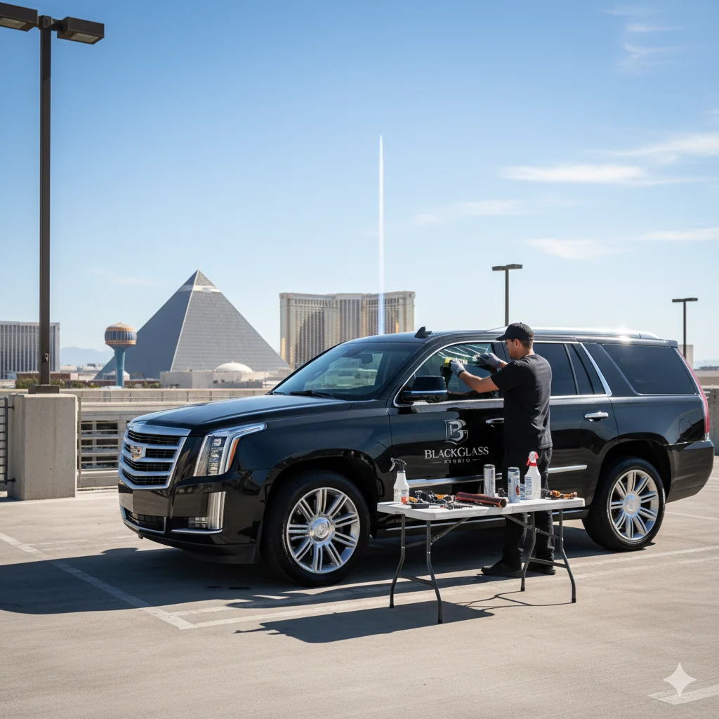 Mobile automotive tint installation on a luxury SUV