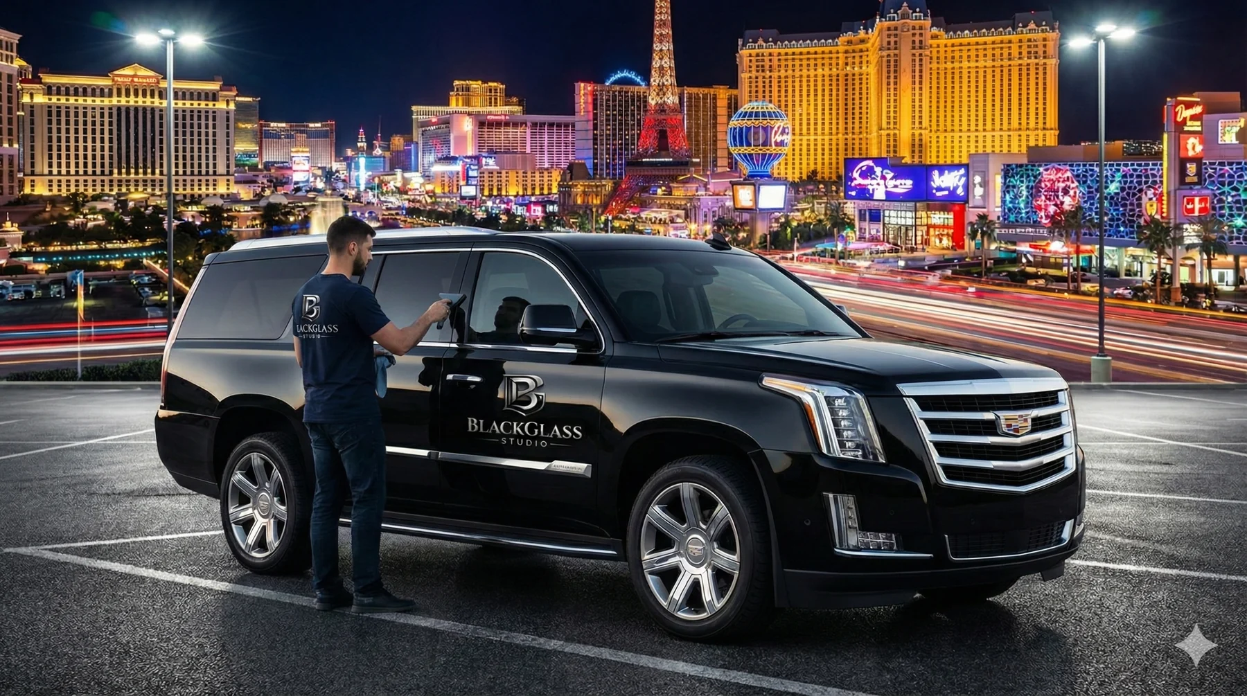 Black Glass Studio installer working on a luxury SUV with the Las Vegas Strip behind him