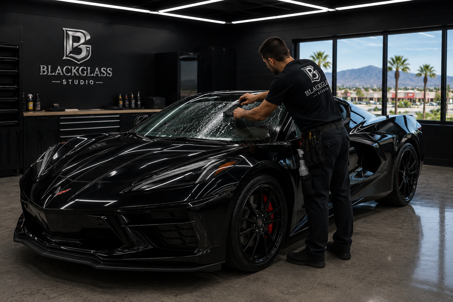 Black Glass Studio installer preparing window film on a black sports car