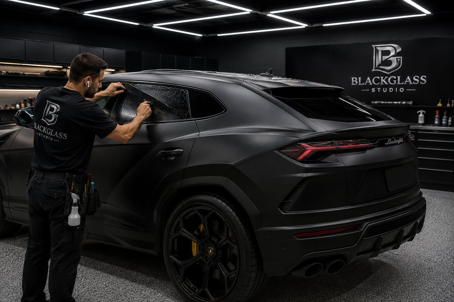 Black Glass Studio installer applying window tint to a luxury SUV