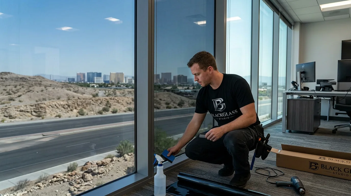 Black Glass Studio installer preparing commercial window film