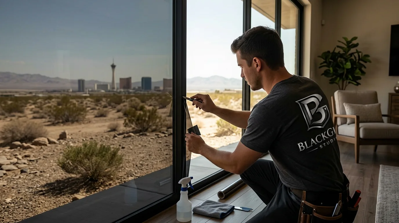 Black Glass Studio installer applying window film in a Las Vegas home