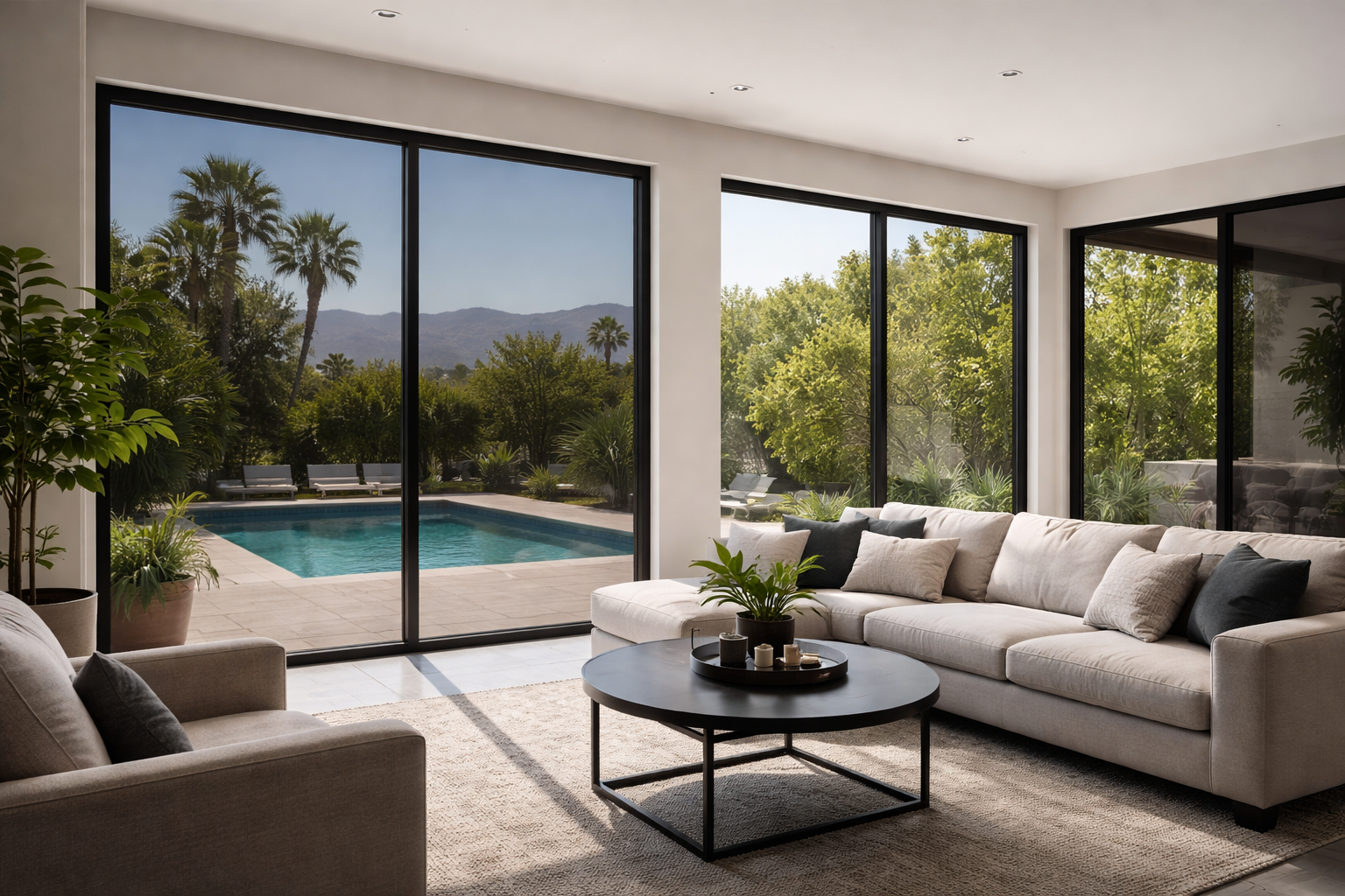 Modern living room with tinted glass and pool view