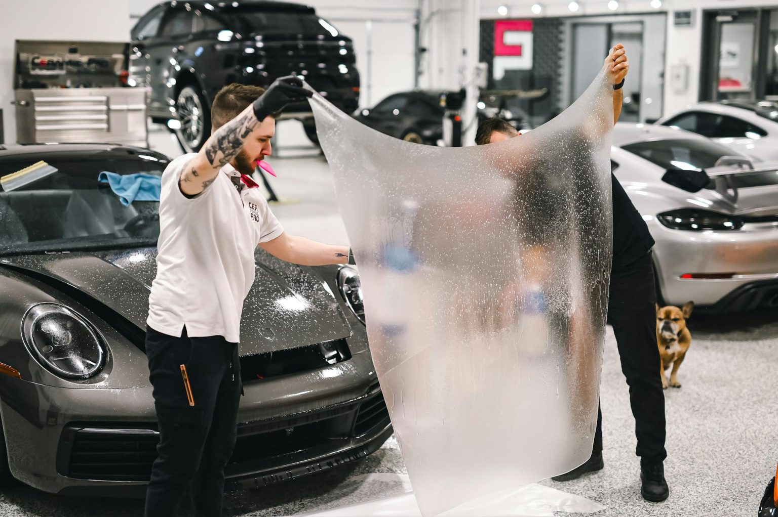 Professionals installing paint protection film on a vehicle